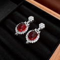 Silver drop earrings with oval red gemstone and white zircon halo in a velvet box - No.41 925 Silver Needle Silver Red