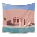 Bohemian wall tapestry with pink building pool scene and palm tree landscape - 73X95CM / CX202133 Surrealist Landscape (Brushed)