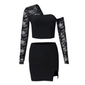 Detailed view of black lace off-shoulder long sleeve top and side slit mini skirt set - S / Black