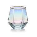 Hexagonal rainbow glass cup with gold rim finish and geometric diamond cut pattern - Iridescent Gold Rimmed Hexagonal Cup