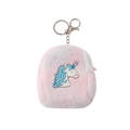 Detail of plush unicorn mini purse with pink fur and silver metal keychain attachment - Blue Hair Unicorn