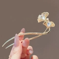 Golden ginkgo leaf hair pin with crystal accents and faux pearl on a U-shaped fork - Gun Black Ginkgo Leaf - Gold
