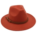 Detailed texture of caramel wool fedora hat featuring dark brown leather belt buckle - Caramel (Brown Belt)