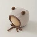Detail of baby knitted earflap hat featuring soft cotton fabric and cute plush pom-poms - One Size (35-45cm) / Khaki Grey
