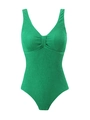 Dettaglio del costume da bagno intero verde con tessuto seersucker testurizzato e scollo a V - Verde
