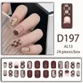 Short brown press-on nails set with pearl accents and checkerboard design, 24pcs pack - Coffee Checkerboard Style (D197) / 24Pcs Set (Glue Included)