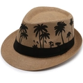 Classic khaki straw fedora hat featuring black palm tree prints and a stylish ribbon band - M (56-58cm) / Camel with Coconut Tree