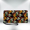 Schicke lange PU-Ledergeldbörse mit bunten Tag der Toten Totenkopf- und Gitarren-Prints - Schwarzer Totenkopf Gitarrendruck (QB-026)