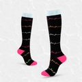Black compression socks with colorful pulse pattern and pink toe detailing - S/M / Black ECG (Color Pulse Line)