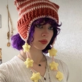 Handmade orange and white striped cat ear beanie with yellow star charms - Adult 56-59cm / Red and White Striped