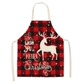 Red and black plaid Christmas apron featuring white reindeer and holiday greetings - A22-Red Black Plaid Reindeer Silhouette