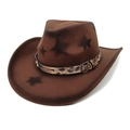 Brown western cowboy hat with star patterns and leopard print belt on white background - M (56-58cm) / Coffee
