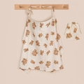 Detail view of cotton nursing cover with bear print, wooden ring and drawstring bag - Double Bears