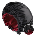 Adjustable black satin hair bonnet with burgundy lining and drawstring toggle - Adjustable / Black + Red