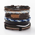 Detailed close-up of multi-layer leather bracelets with woven cords and mixed textures - L20-Multi-color Mixed Braided Hemp Rope Set