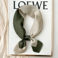 Elegant olive green and champagne gold square silk scarf tied in a stylish bow knot - 70x70cm / Two-Tone Patchwork-Green Beige