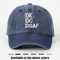 Washed denim baseball cap with IDK IDC IDGAF embroidery in five adjustable colors - Navy Blue