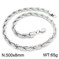 Silver twist rope necklace in 500x8mm size with lobster clasp on white background - 8mm-50cm(KN228891-Z)