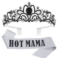 Detail of silver glitter Hot Mama sash with black crystals crown for party decoration - Black