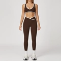Two-piece dark brown yoga set with white contrast V-shape trim and high waist leggings - S / Top And Bottom / Dark Coffee (Bra + Leggings)