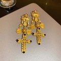 Orecchini a croce dorati vintage con corona, sacro cuore e pietre preziose nere - Croce corona in oro antico (29#)