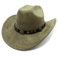 Detail of olive green suede cowboy hat featuring vintage bull head embossed metal rivets - M (56-58cm) / Army Green