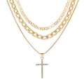 Triple layer gold necklace with mariner and cuban chains featuring a rhinestone cross - HS1459-18 Gold 3-Layer Cuban Chain Rhinestone Cross