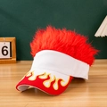 White canvas cap with red flame embroidery and integrated vibrant red wig top - White + Red Hair