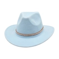 Light blue wool fedora hat with elegant white beaded decorative band on plain white background - One Size / Sky Blue