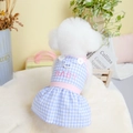 Blue plaid pet princess dress for small dogs with pink baby embroidery and D-ring - XS / Blue White Plaid / Sky Blue