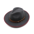 Detailed view of dark grey wool fedora with brown leather belt and red brim binding - M(56-58cm) / Gray