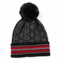 Detalle del gorro de punto con patrones geométricos grises y pompón de piel sintética negra - M (56-58cm) / Negro