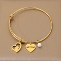 Gold stainless steel MOM charm bangle with heart pendants and a white pearl accent - Exquisite Mother-Child Embrace Style (KB203637-Z)