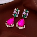 Detail of teardrop earrings with pink crystals and green marquise gems in gold finish - Style 27# Gold Multicolor (Silver Pin)