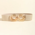 Detail of wide elastic waist belt featuring overlapping spiral engraved metal rings - Holographic Beige