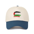 Vista dettagliata del ricamo bandiera Palestina su cappello baseball bicolore beige blu - Bianco sporco/Blu profondo