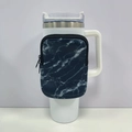 Detail of blue marble neoprene pouch with black zipper for 40oz tumbler accessory - Marble No.8