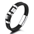 Pulsera de cuero trenzado negro de doble capa para hombre con cierre moleteado plateado - Color Acero