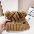 Braune grob gestrickte Beanie mit süßen Bärenohren und Umschlag für warme Wintertage - Kaffee - Verdickt