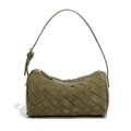 Olive green suede woven cylindrical bag with elegant matte finish and gold hardware - Olive Green