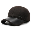 Gorra de béisbol de invierno para hombre en marrón oscuro y cuero negro con orejeras - Ajustable / café