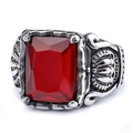Vintage stainless steel men's ring with large red rectangular zircon and crown relief - US Size 8 / Red Stone