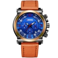 Men's multi-functional chronograph watch with blue dial and brown leather strap - Brown Strap Rose Gold Case Blue Dial