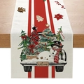 Christmas table runner with retro truck and snowman print on red striped background - ZQ036-9 (Red Vintage Truck Welcome)