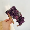 Detailed view of handmade purple satin petals with rhinestones and crystal beads on headband - 3D Flower Rhinestone Headband / Purple