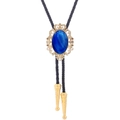 Blue agate bolo tie with golden engraved frame and black braided leather cord - 22 (Gold with Blue Stone)
