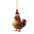 Christmas rooster acrylic pendant with red Santa hat and colorful feather details - Brown Yellow with Blue Wings