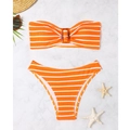 Flat lay of orange striped bikini with amber buckle, sun hat, and summer beach accessories - S / Orange