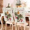Set of 2 beige Christmas chair covers with robin and lantern print for dining decor - Beige Robin Pinecone Lantern (YT01-3)