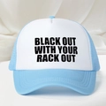 Sky blue and white trucker hat with Black Out slogan and breathable mesh back - Blue